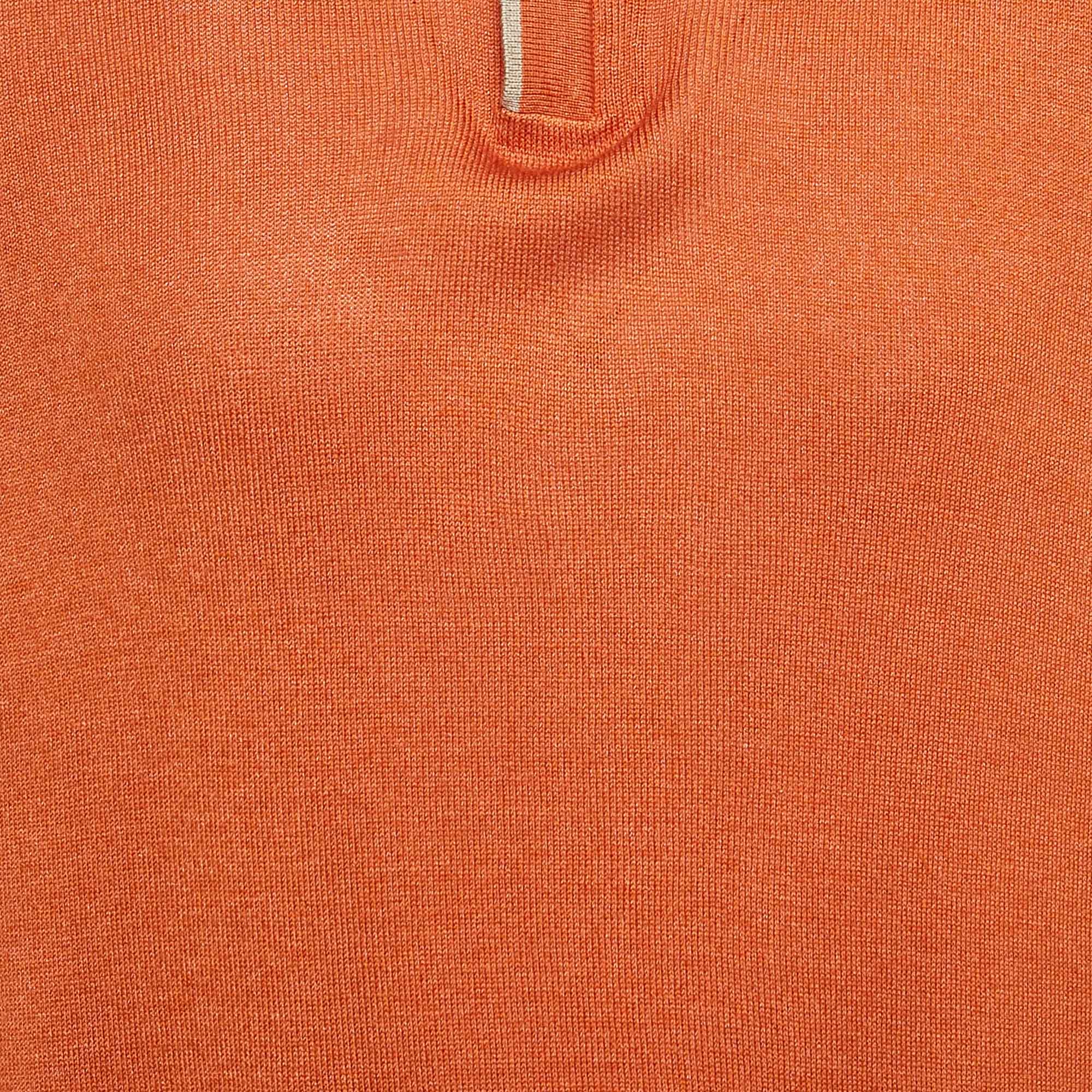 Loro Piana Orange Silk Knit Zip-Up Sweater XXXL