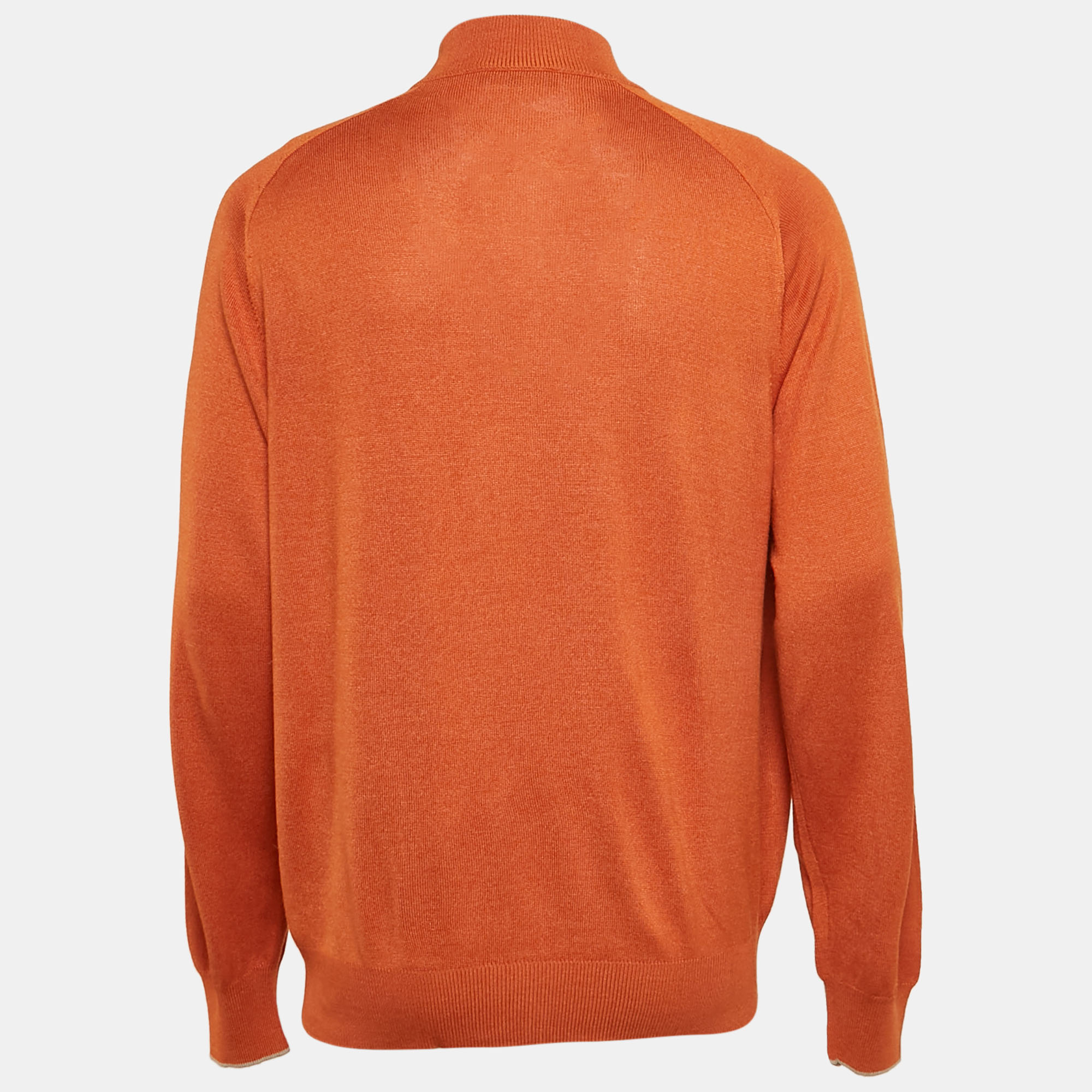 Loro Piana Orange Silk Knit Zip-Up Sweater XXXL