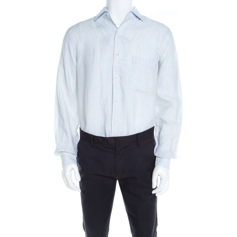 Image of Loro Piana Pale Blue Striped Button Front Andre Linen Shirt M