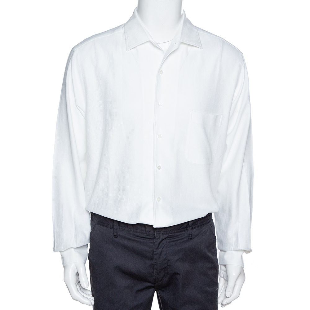 Image of Loro Piana White Textured Cotton Long Sleeve Shirt XXL