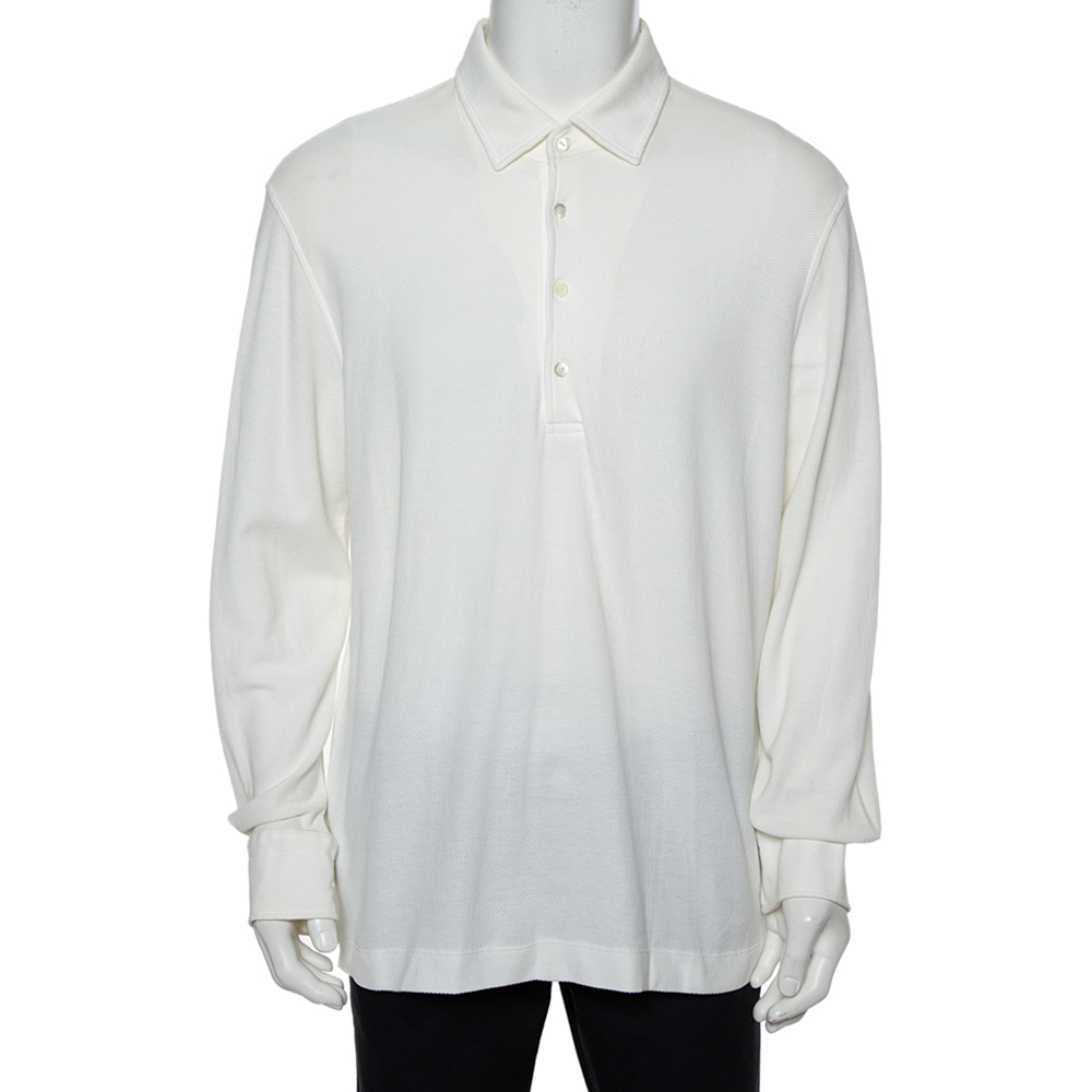 Loro Piana White Cotton Pique Long Sleeve Polo T-Shirt 3XL