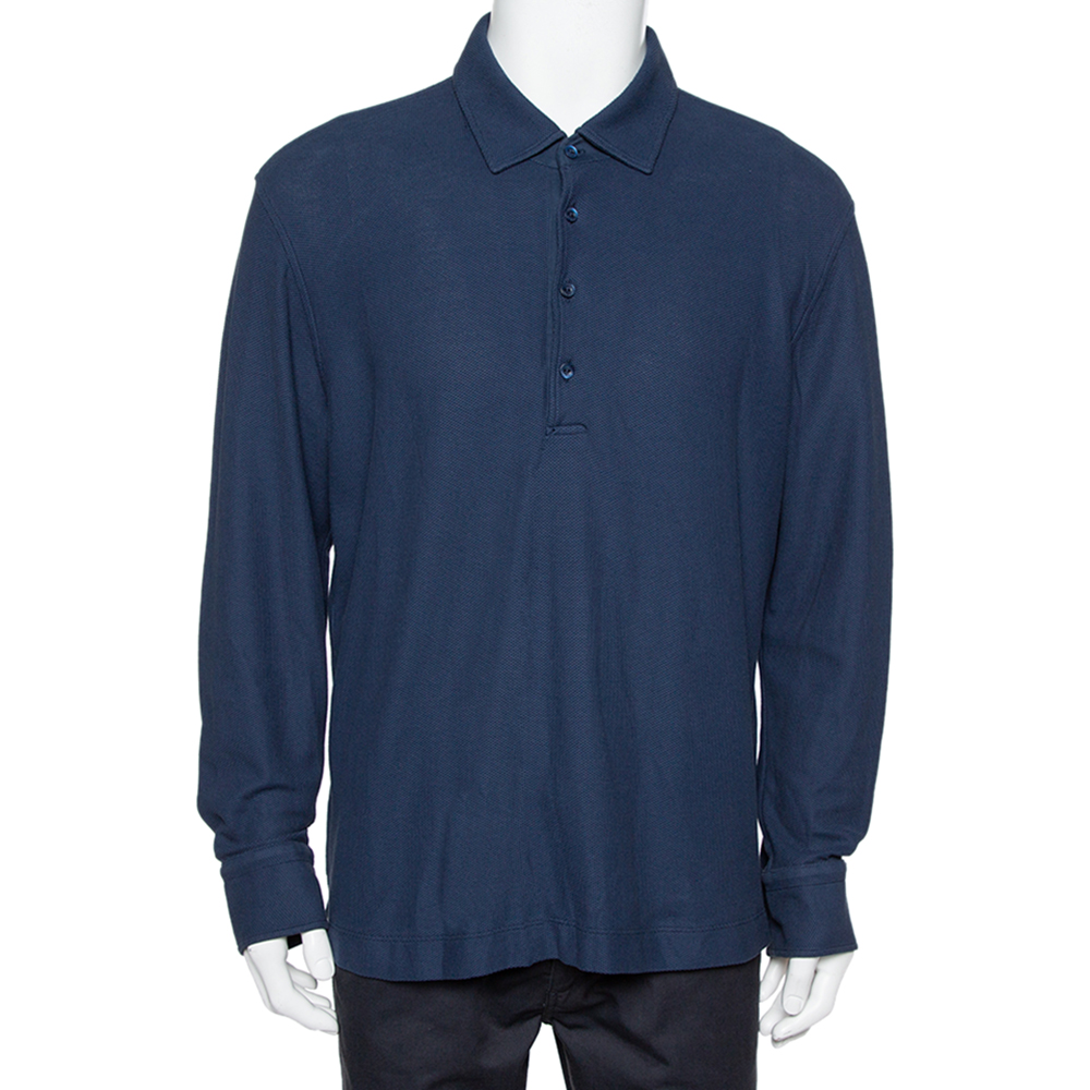 Loro Piana Navy Blue Cotton Pique Long Sleeve Polo T-Shirt 3XL