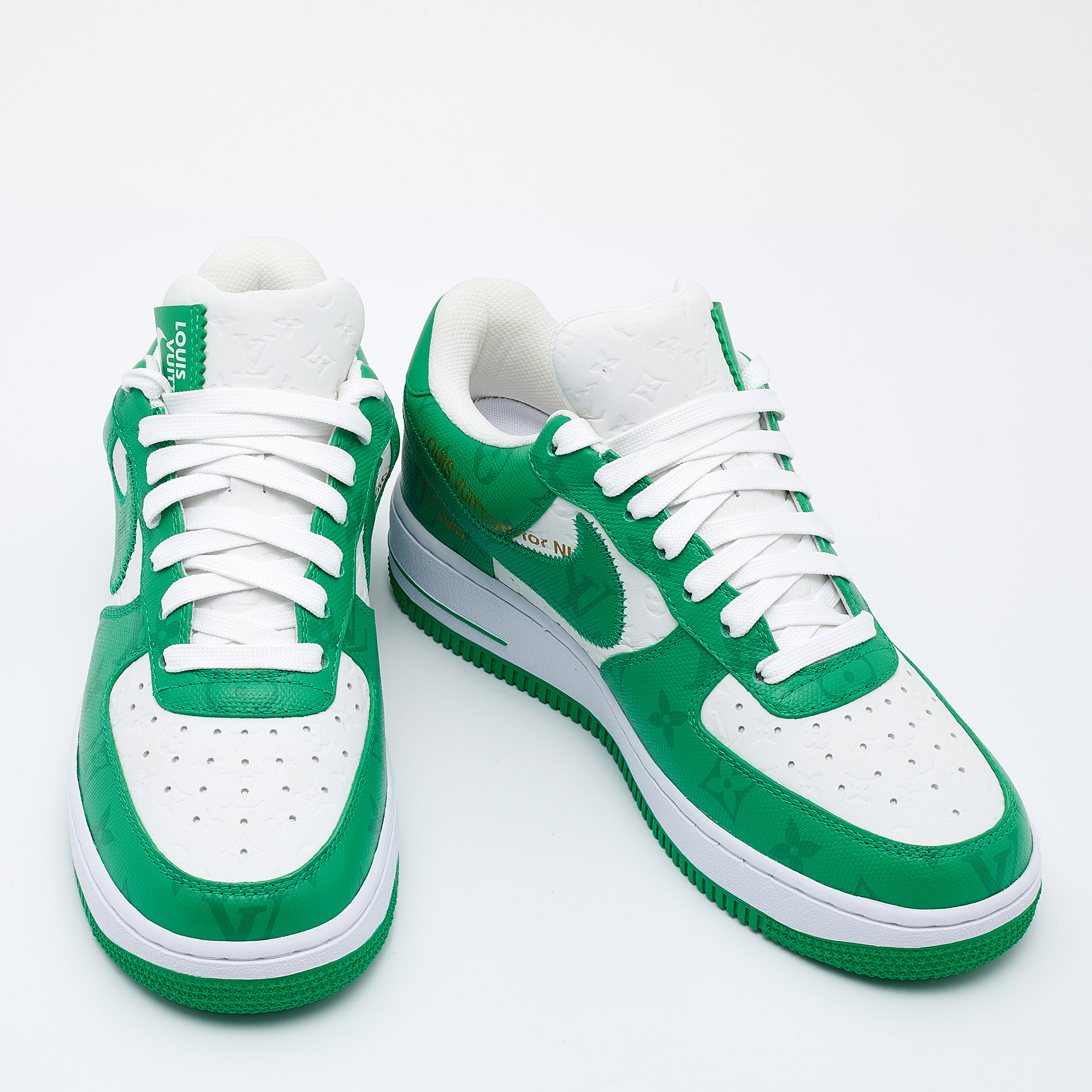 Louis Vuitton X Nike By Virgil Abloh Green/White Monogram Embossed Leather Nike Air Force 1 Low Top Sneakers Size 39