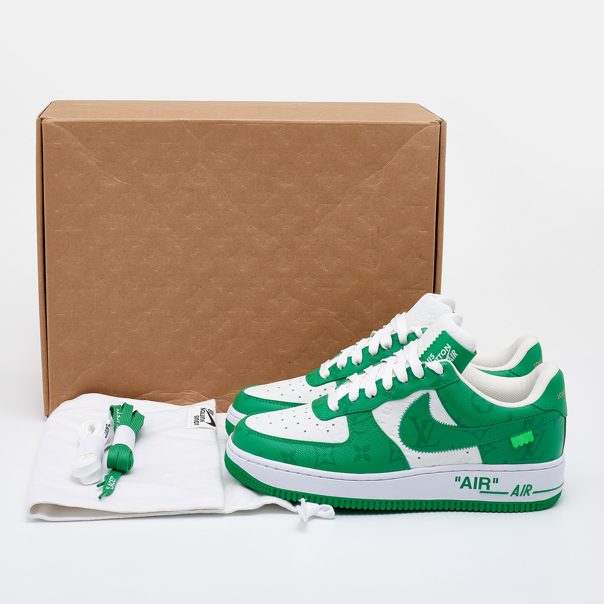 Louis Vuitton X Nike By Virgil Abloh Green/White Monogram Embossed Leather Nike Air Force 1 Low Top Sneakers Size 39