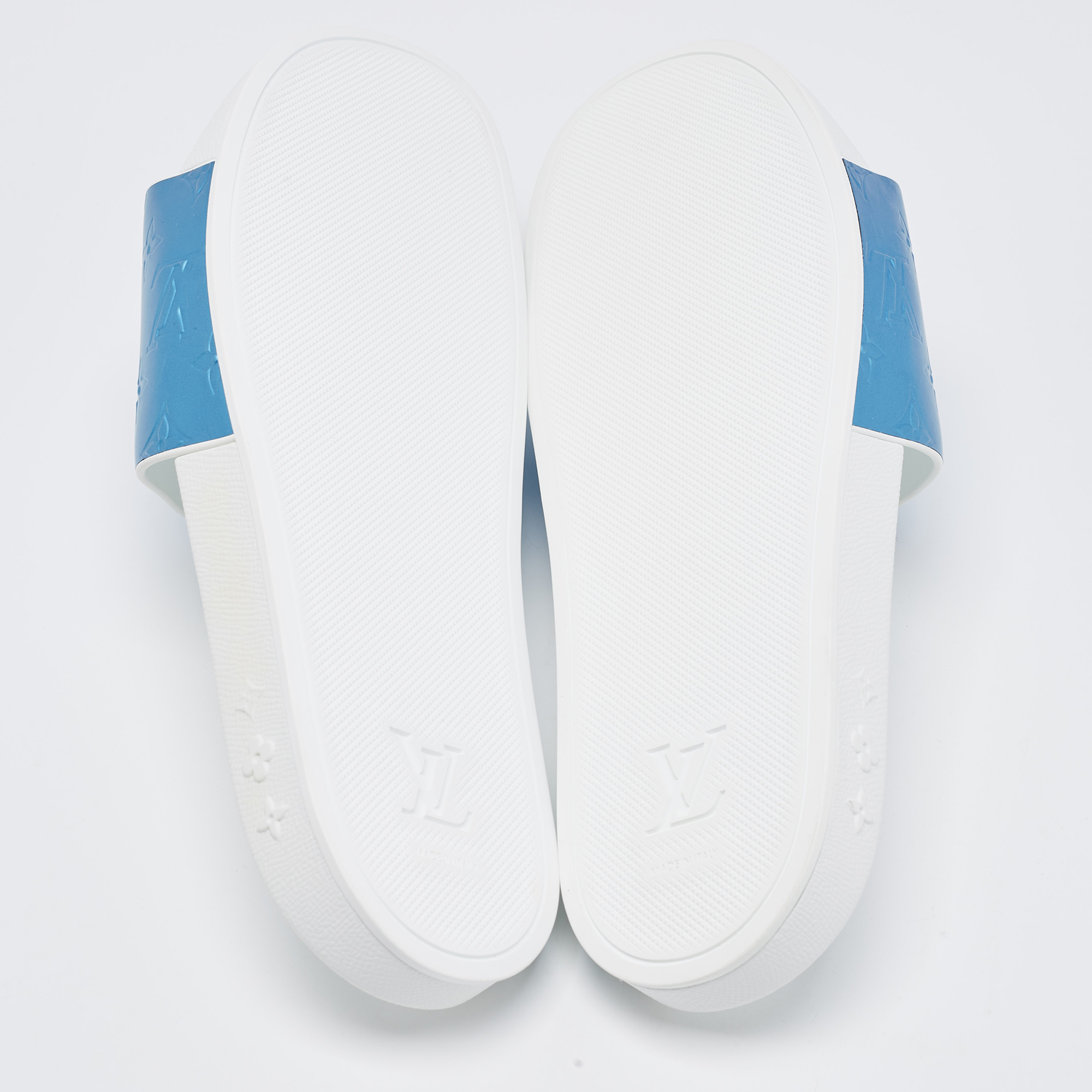 Louis Vuitton Blue/Grey Rubber Flat Slides Size 45