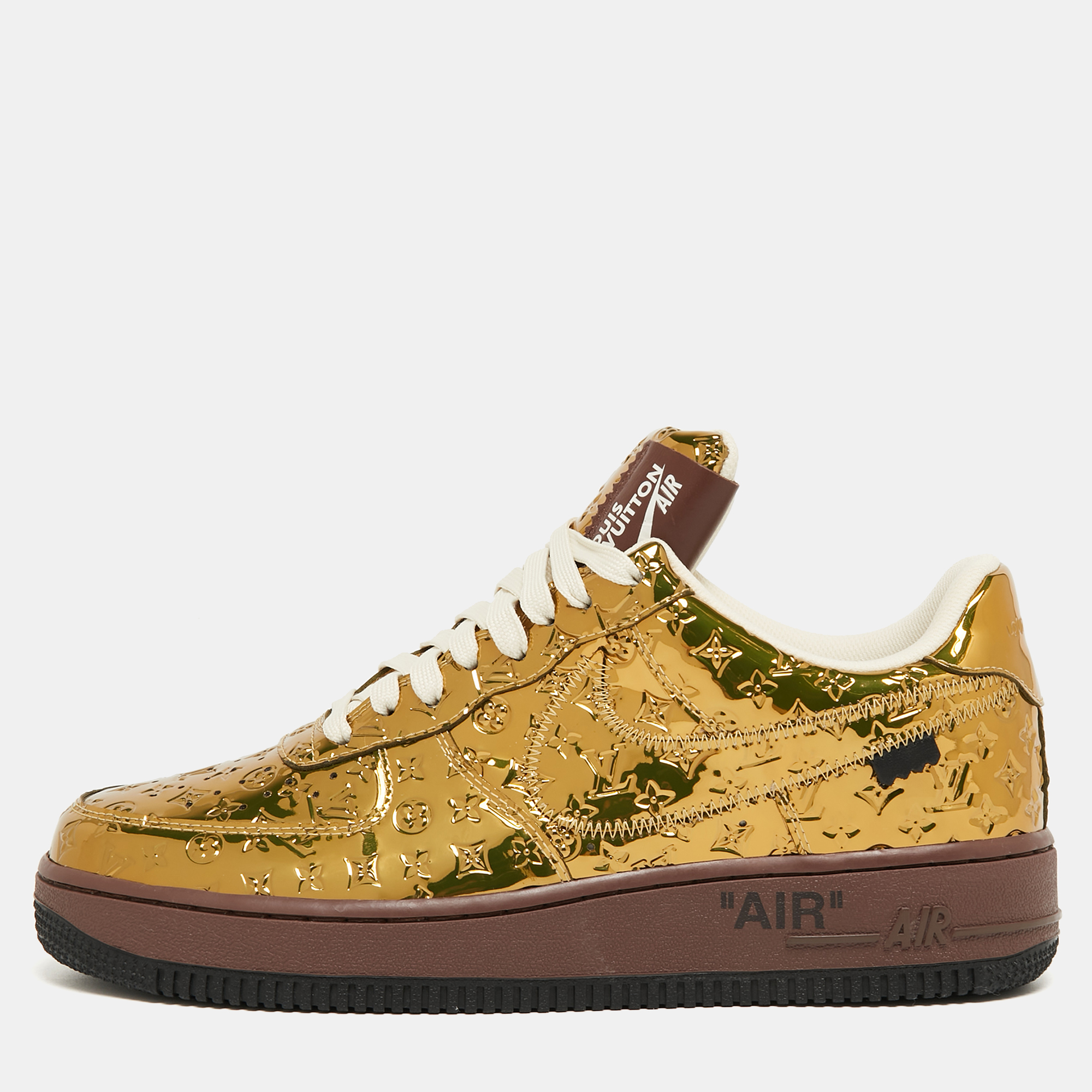Louis Vuitton X Nike Metallic Gold Monogram Leather Air Force 1 Sneakers Size 41