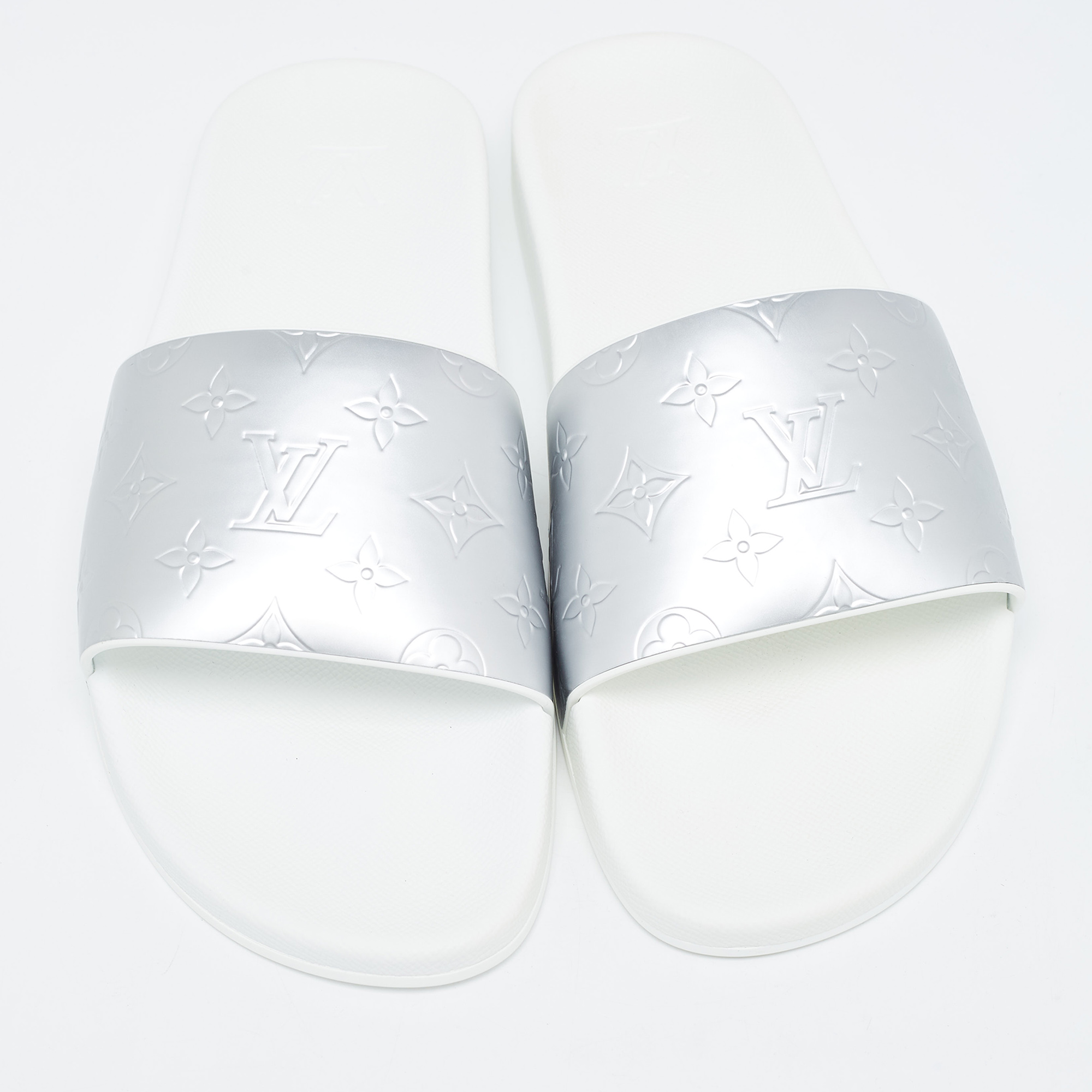 Louis Vuitton Silver Monogram Leather Mules Size 44