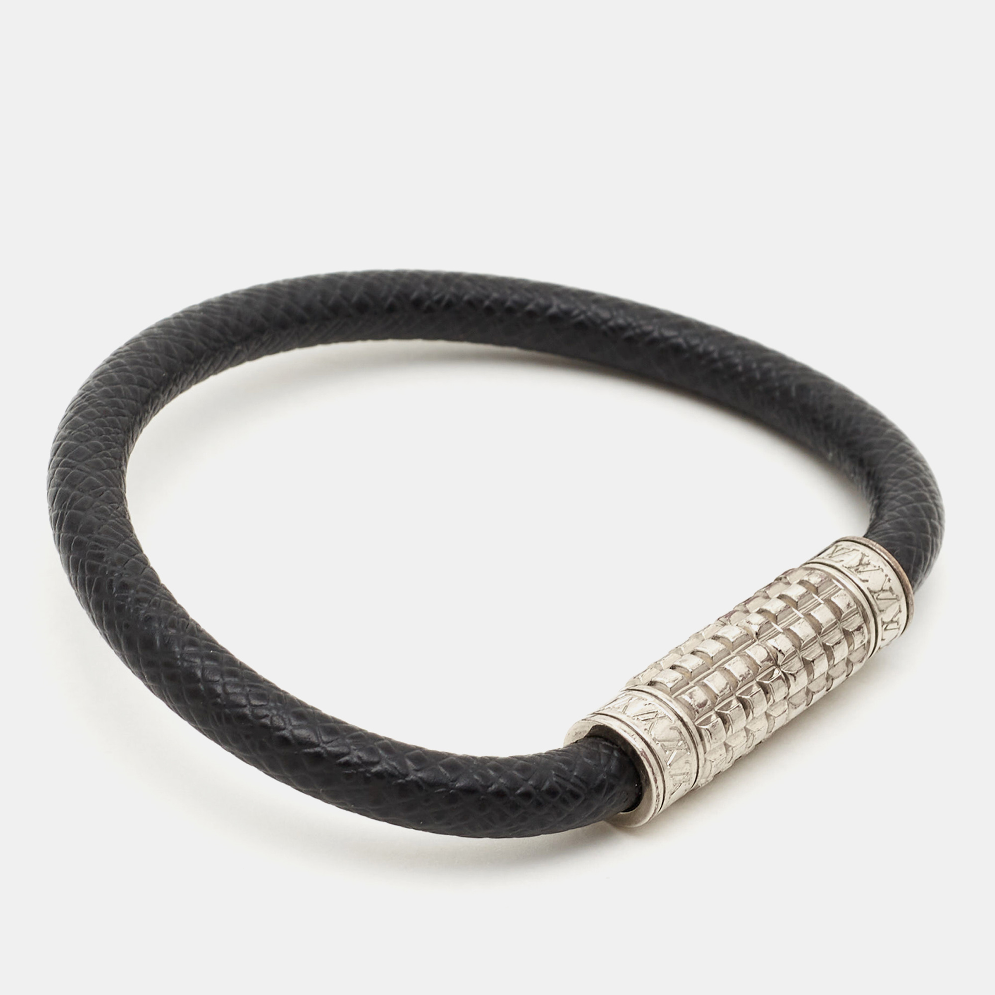 Louis Vuitton Digit Damier Ardoise Taiga Leather Silver Tone Bracelet