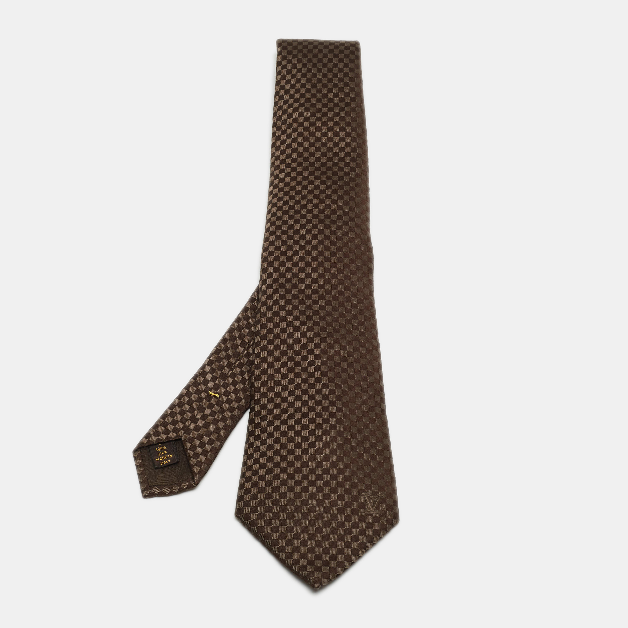 Louis Vuitton Brown Damier Checkerboard Pattern Silk Tie