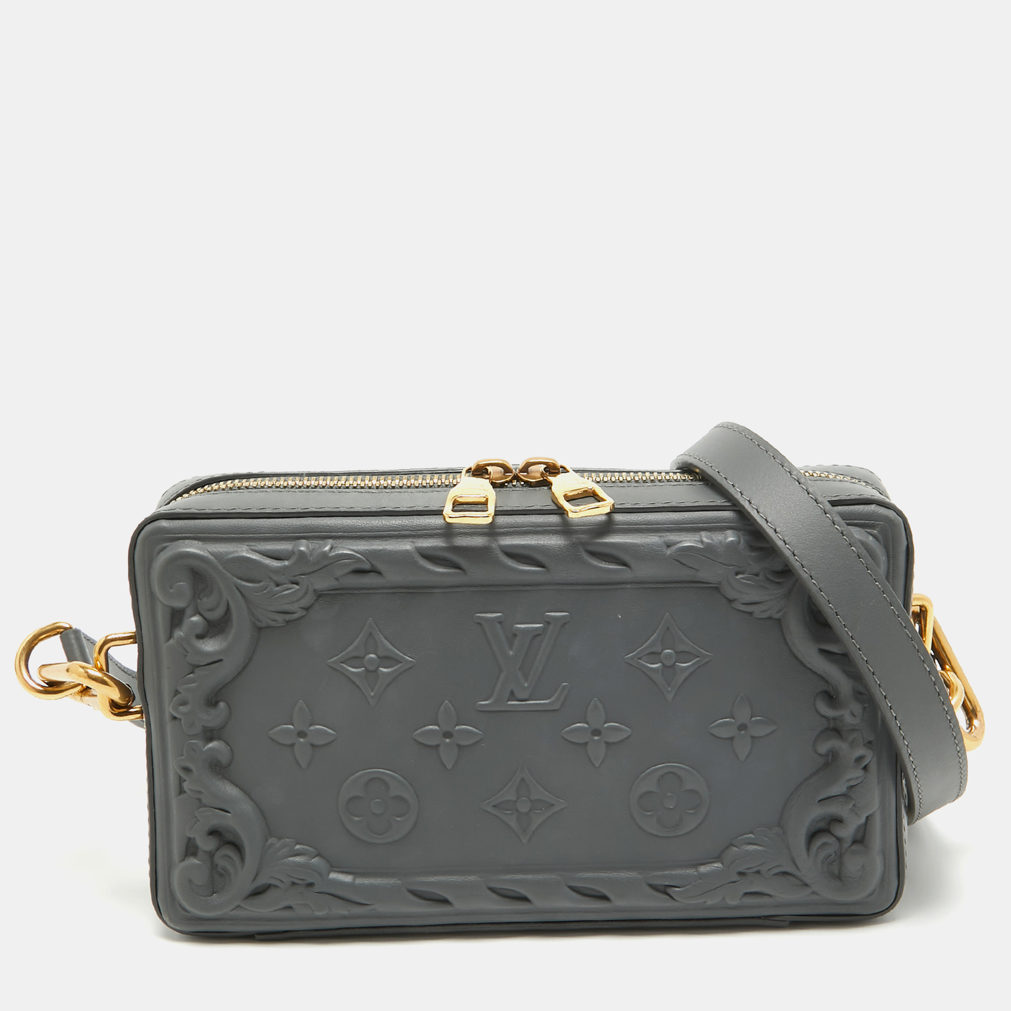 Louis vuitton dark grey ornate debossed leather soft trunk wearable wallet