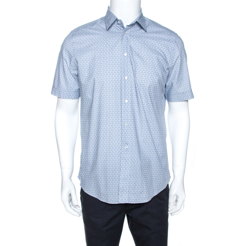 Image of Louis Vuitton Light Blue Monogram Print Cotton Short Sleeve Shirt M