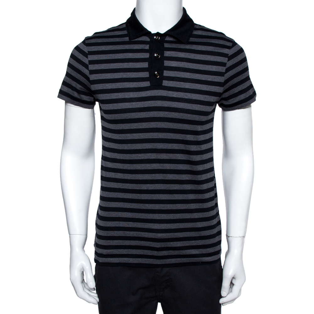 Image of Louis Vuitton Navy Blue & Grey Striped Cotton Polo T-Shirt S