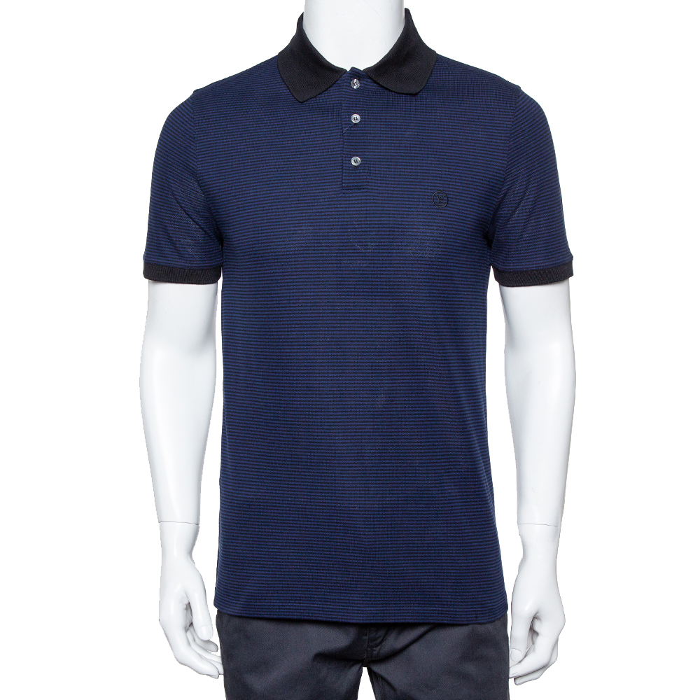 Louis Vuitton Blue and Black Horizontal Striped Cotton Pique Polo T-Shirt M
