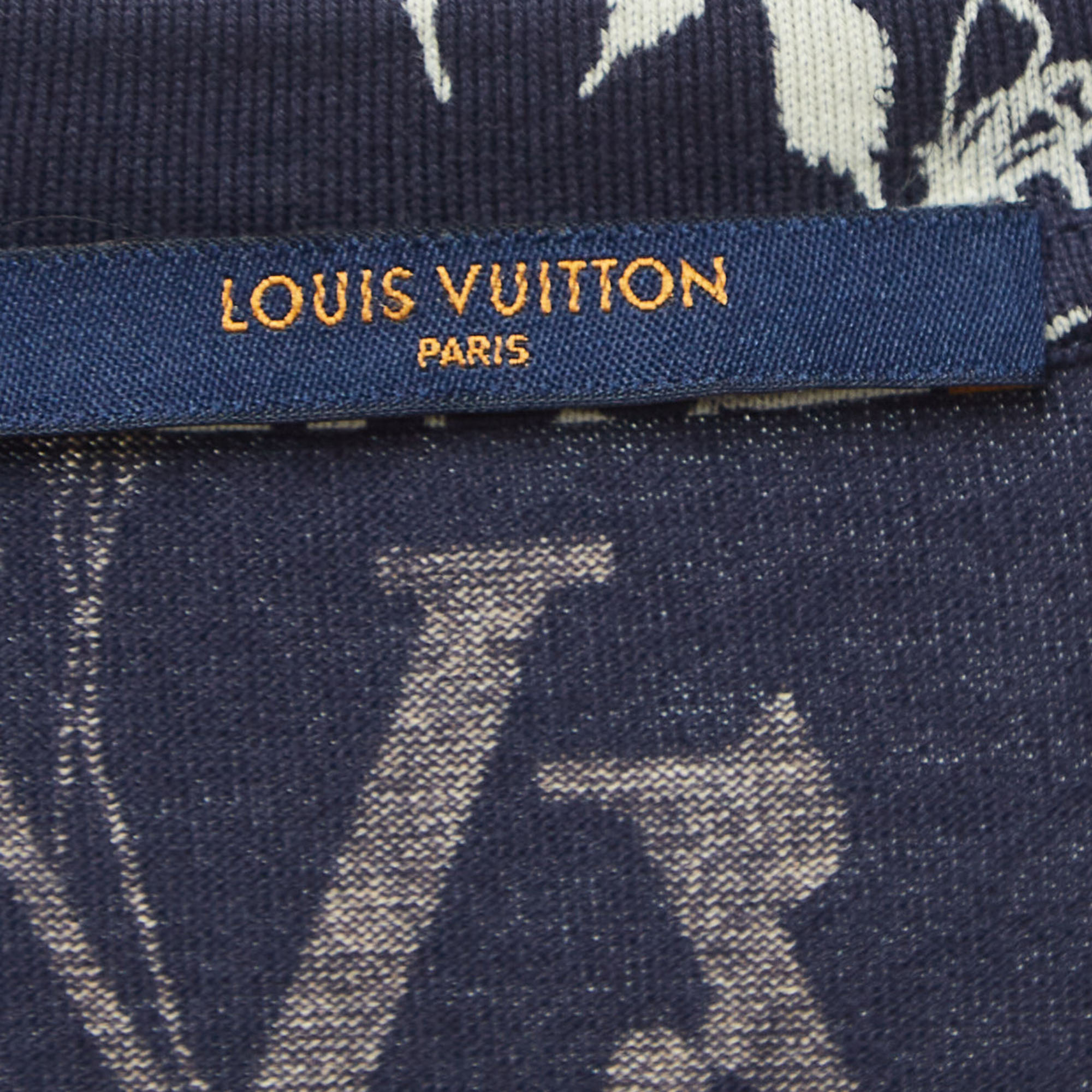 Louis Vuitton Navy Blue Leaf Discharge Print Cotton T-Shirt XL