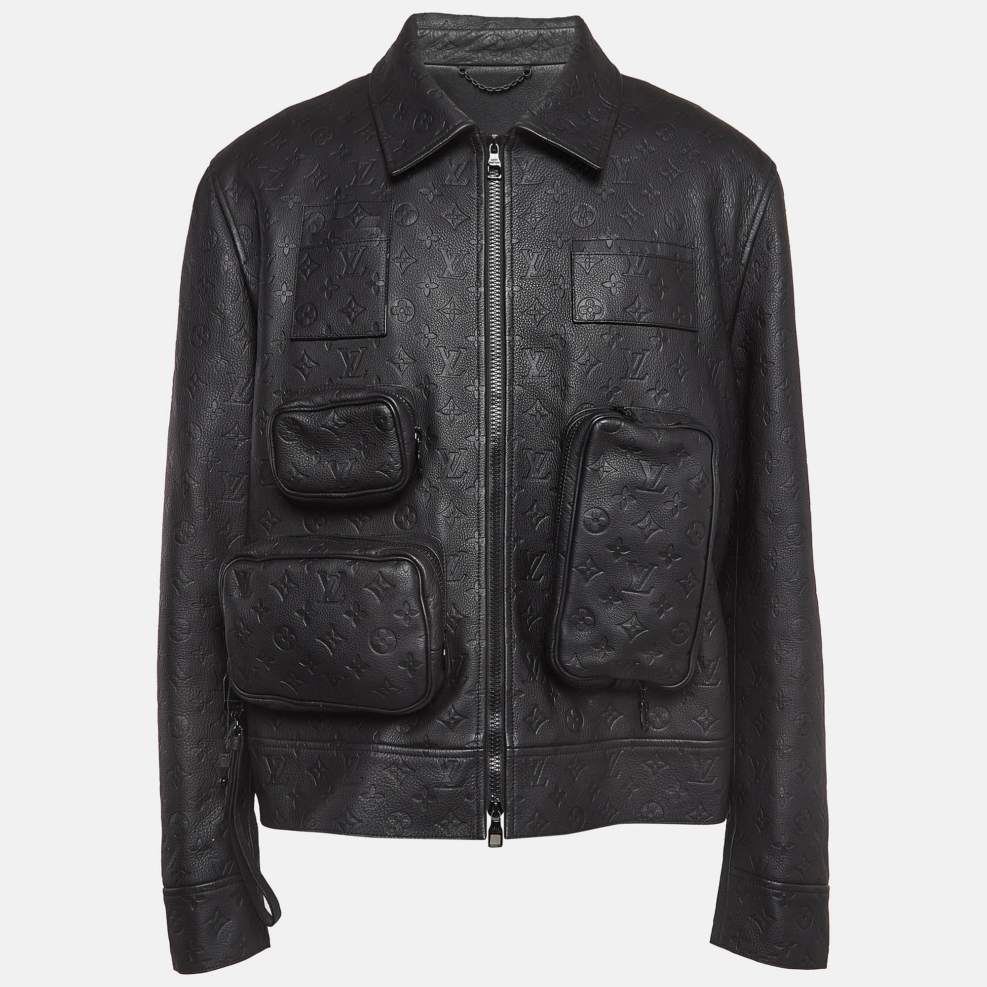 Louis vuitton black monogram patterned leather cargo jacket xxl