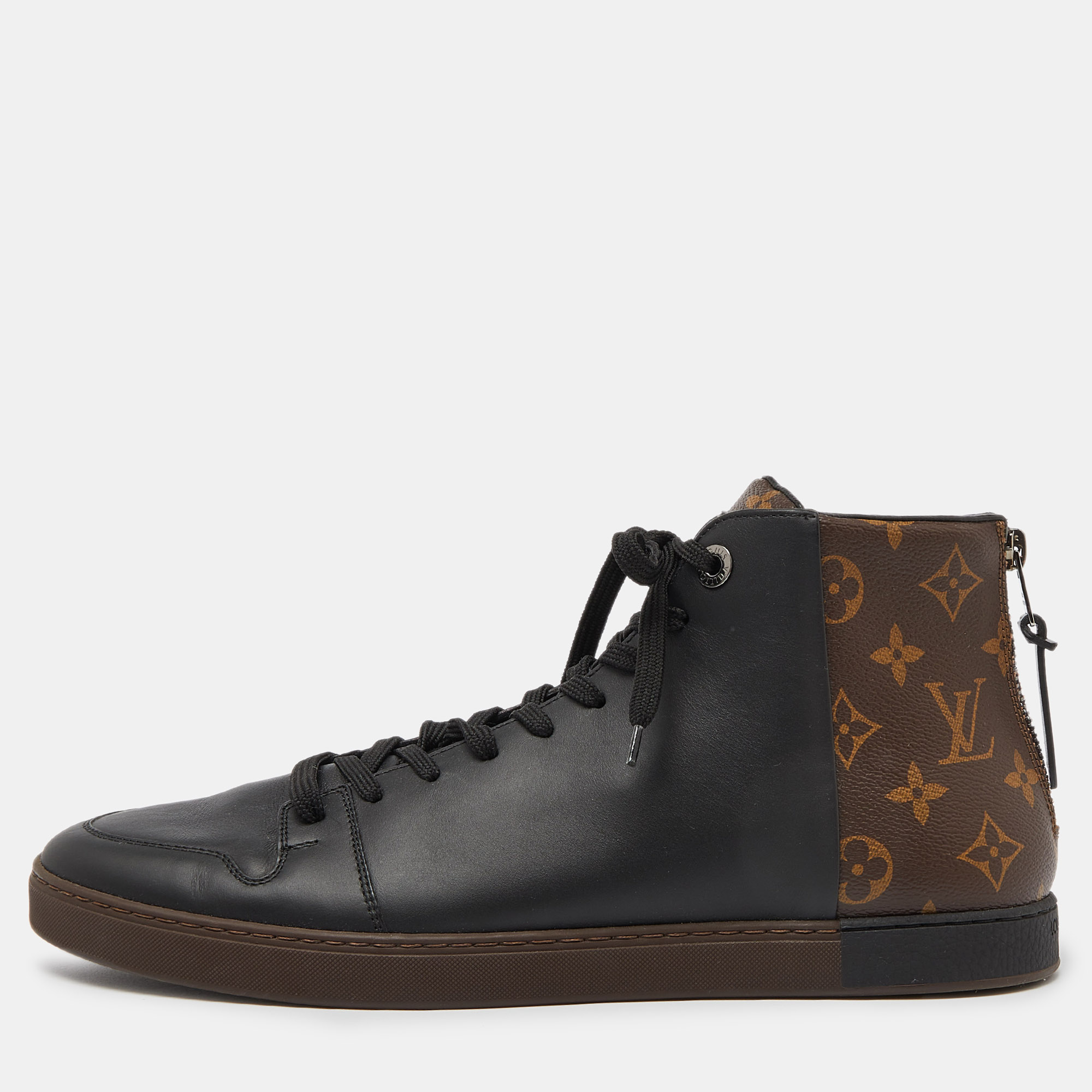 Louis vuitton black leather and monogram canvas line up sneakers size 42.5