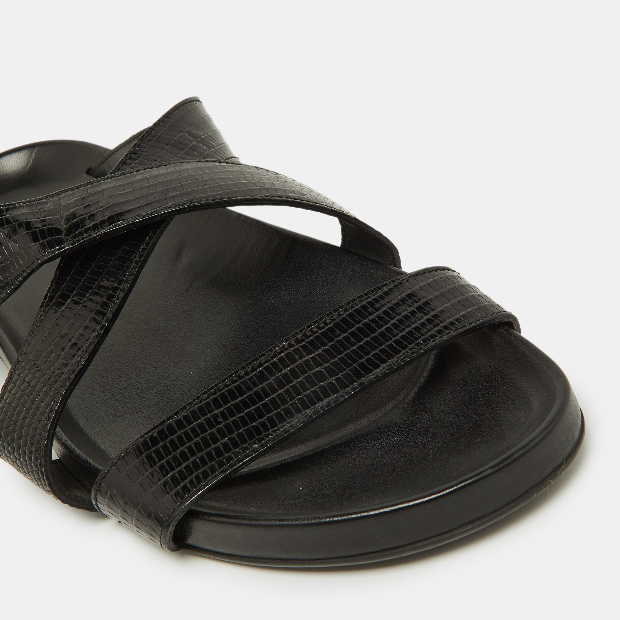 Louis Vuitton Black Lizard Leather Criss Cross Flat Sandals 43.5