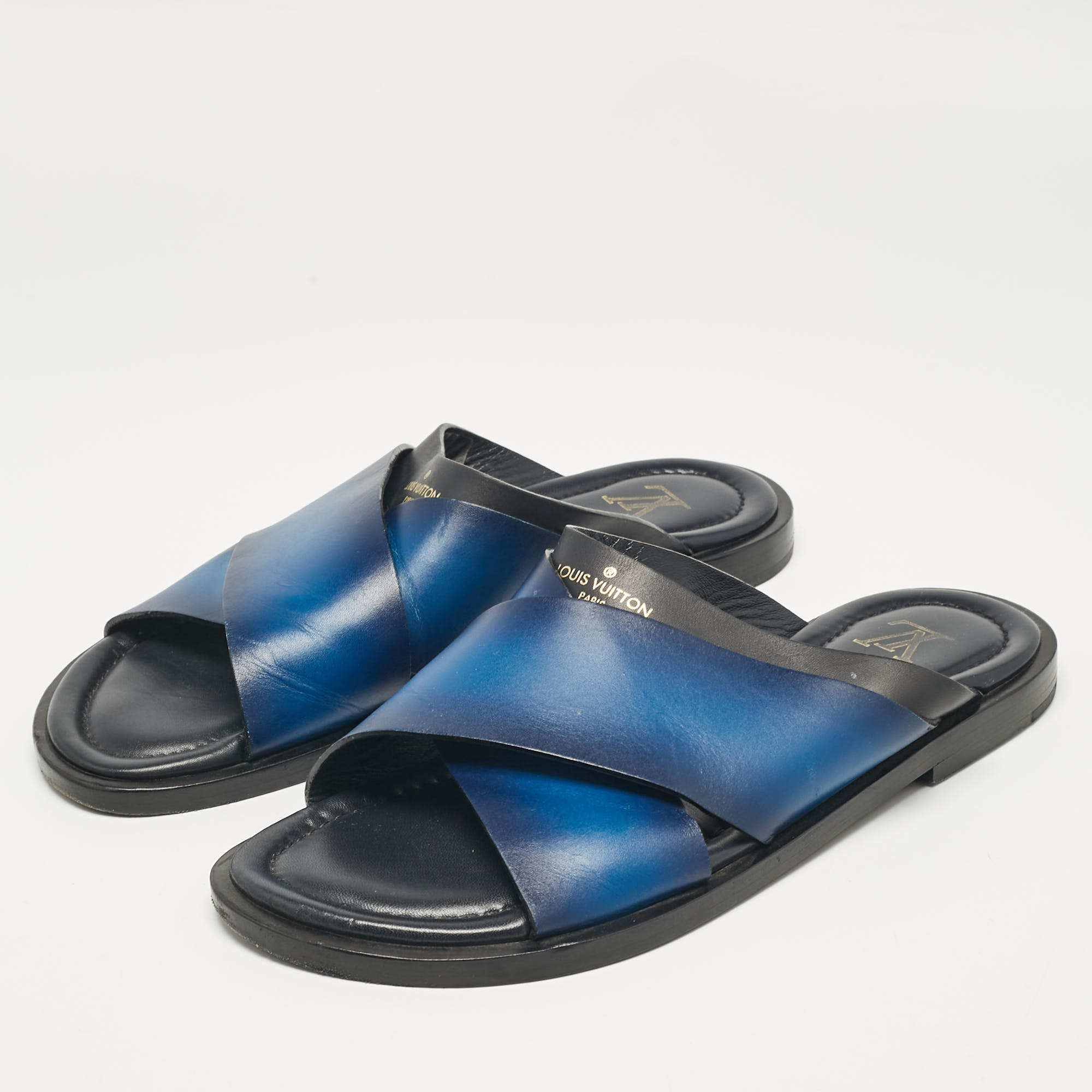 Louis Vuitton Blue/Black Leather Foch Slides Size 41