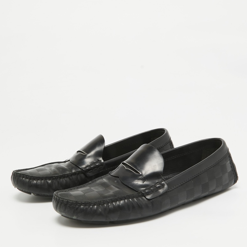 Louis Vuitton Black Damier Embossed Leather Outline Loafers Size 42.5