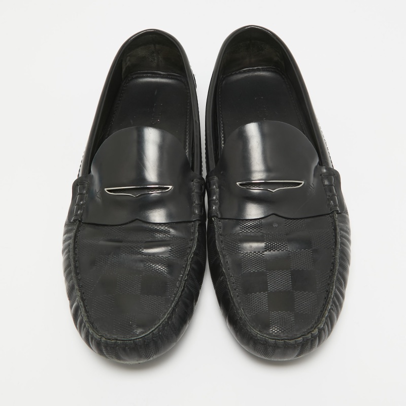 Louis Vuitton Black Damier Embossed Leather Outline Loafers Size 42.5