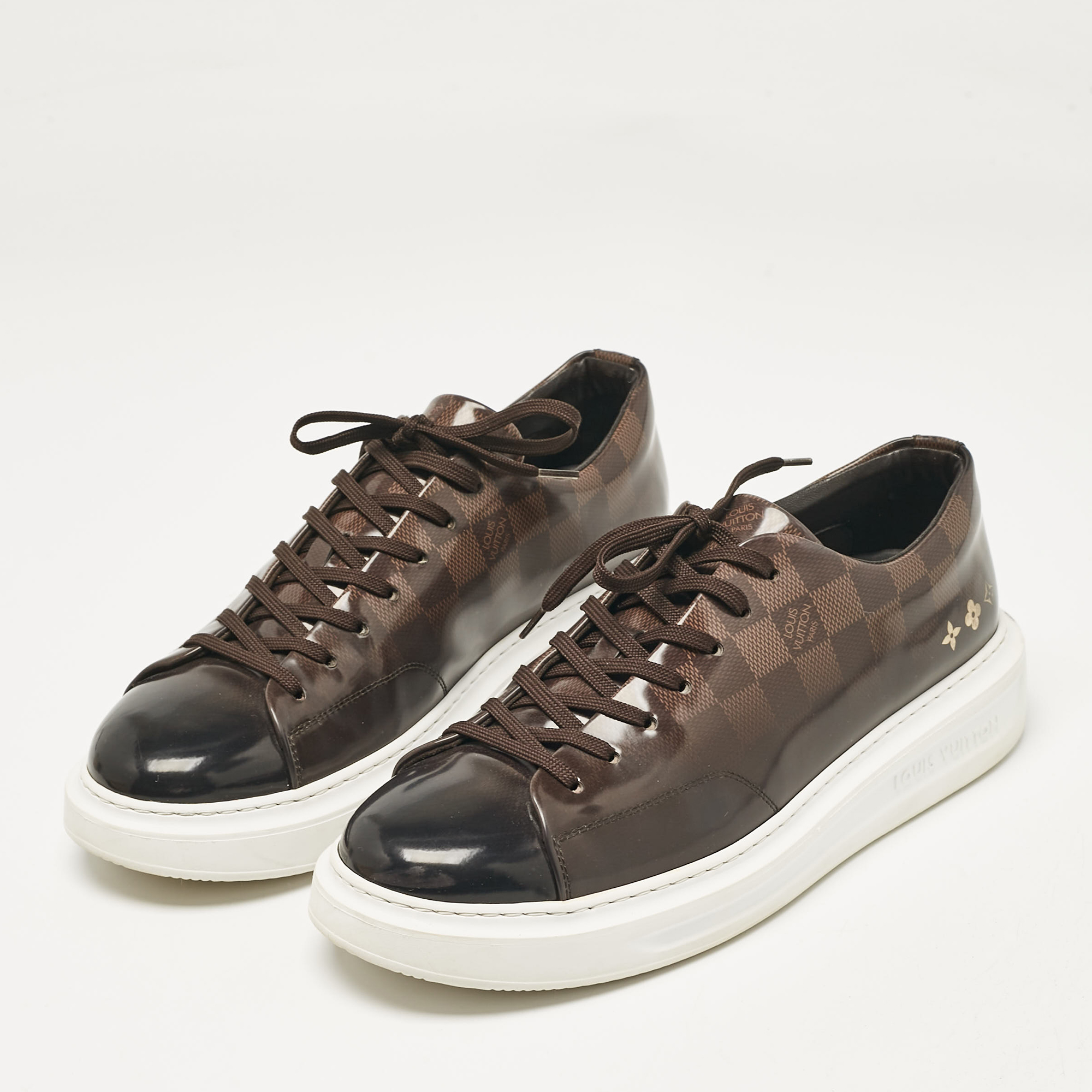 Louis Vuitton Brown Patent Leather Beverly Lace Up Sneakers Size 42