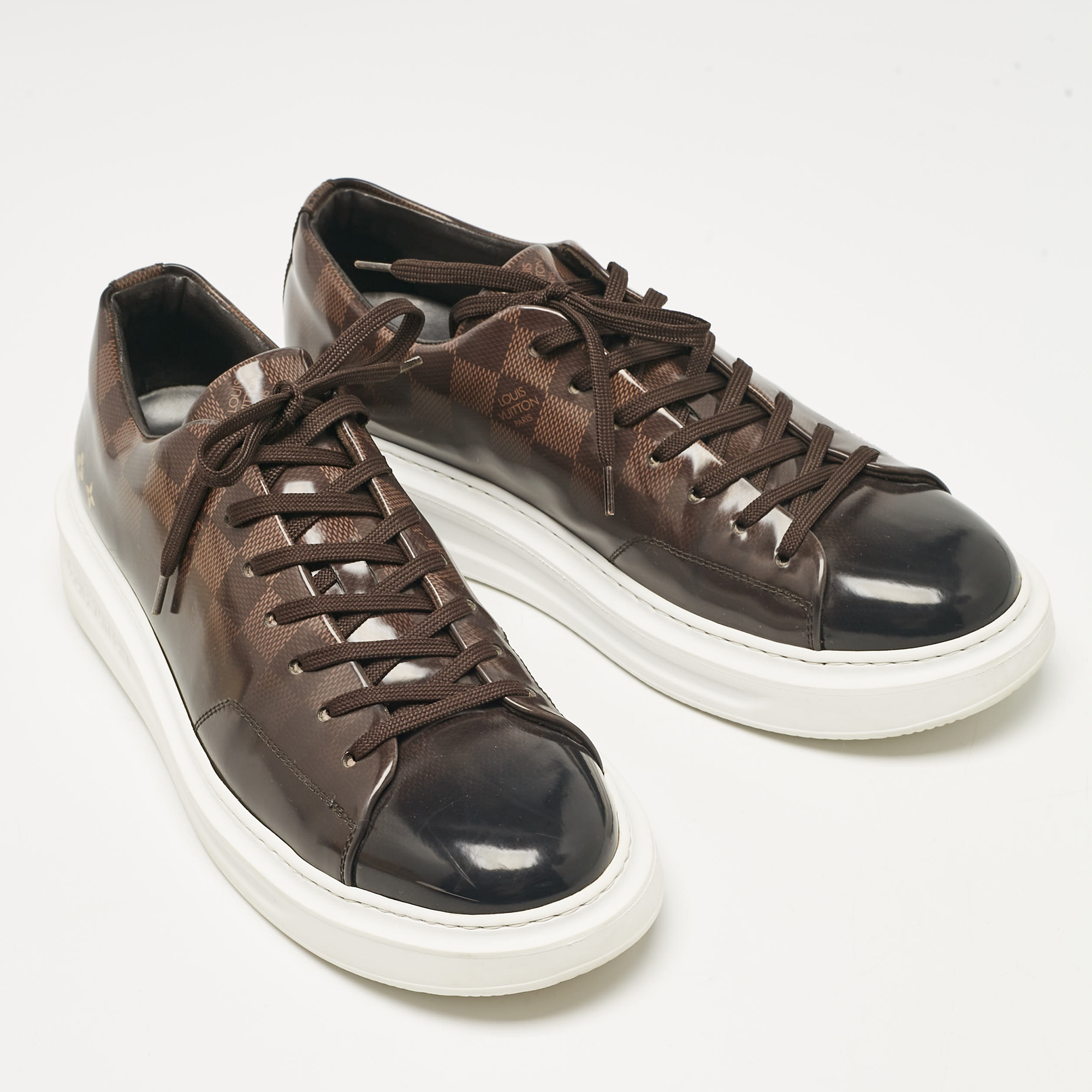 Louis Vuitton Brown Patent Leather Beverly Lace Up Sneakers Size 42