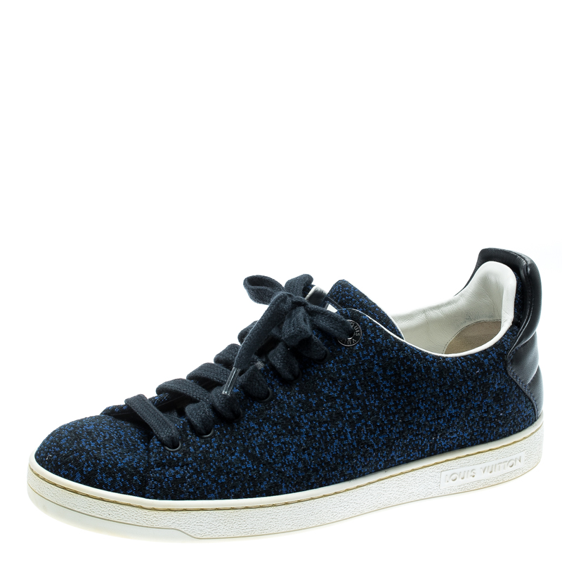 Image of Louis Vuitton Blue Knit Fabric And Black Leather Front Row Lace Up Sneakers Size .