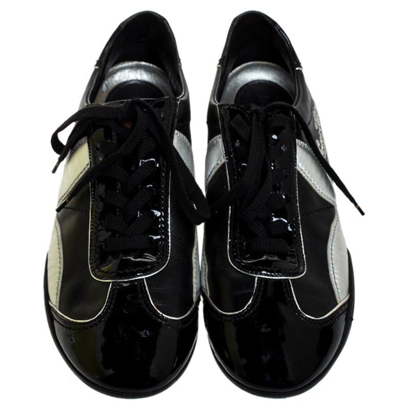 Louis Vuitton Black/Silver Patent Leather And Leather Low Top Lace Up Sneakers Size 41