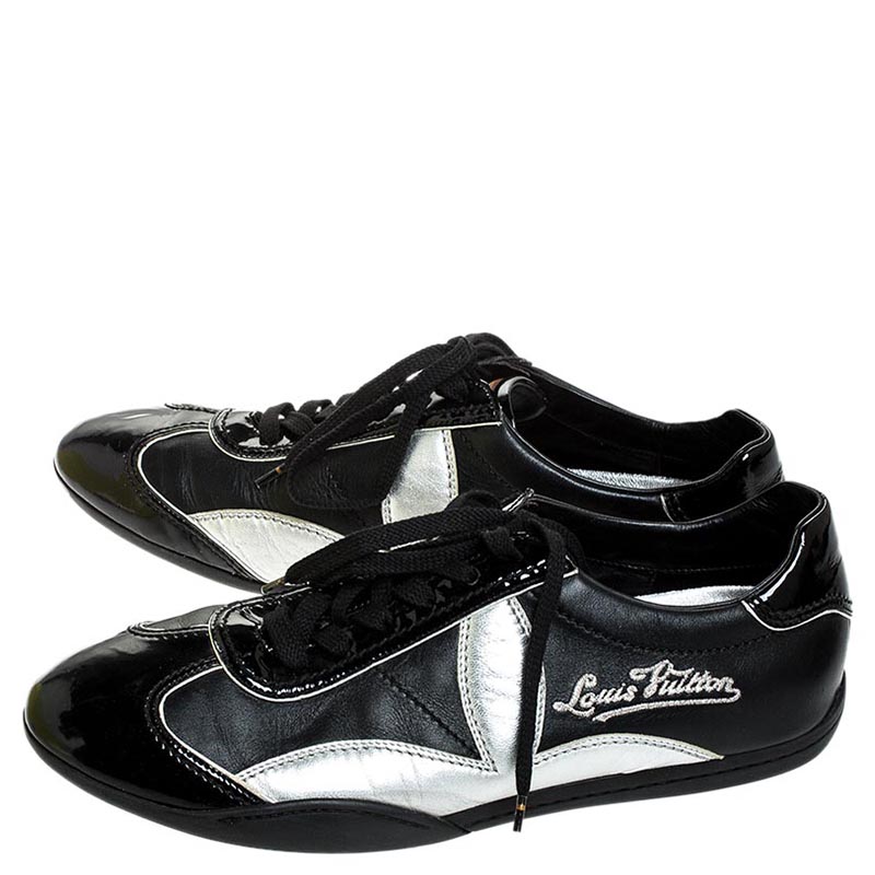 Louis Vuitton Black/Silver Patent Leather And Leather Low Top Lace Up Sneakers Size 41
