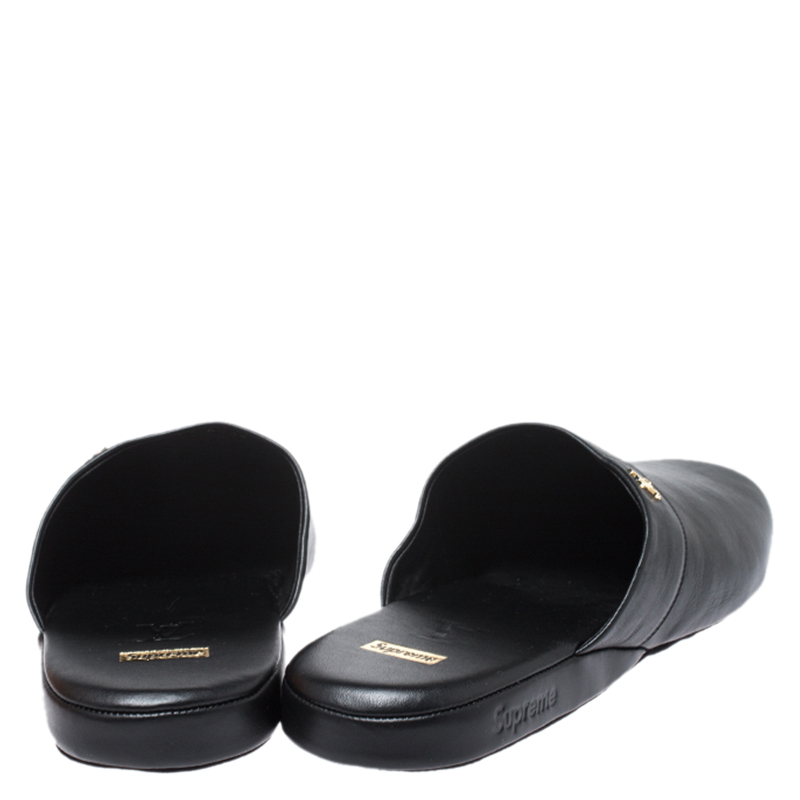 Louis Vuitton X Supreme Black Leather Hugh Flat Slippers Size 39