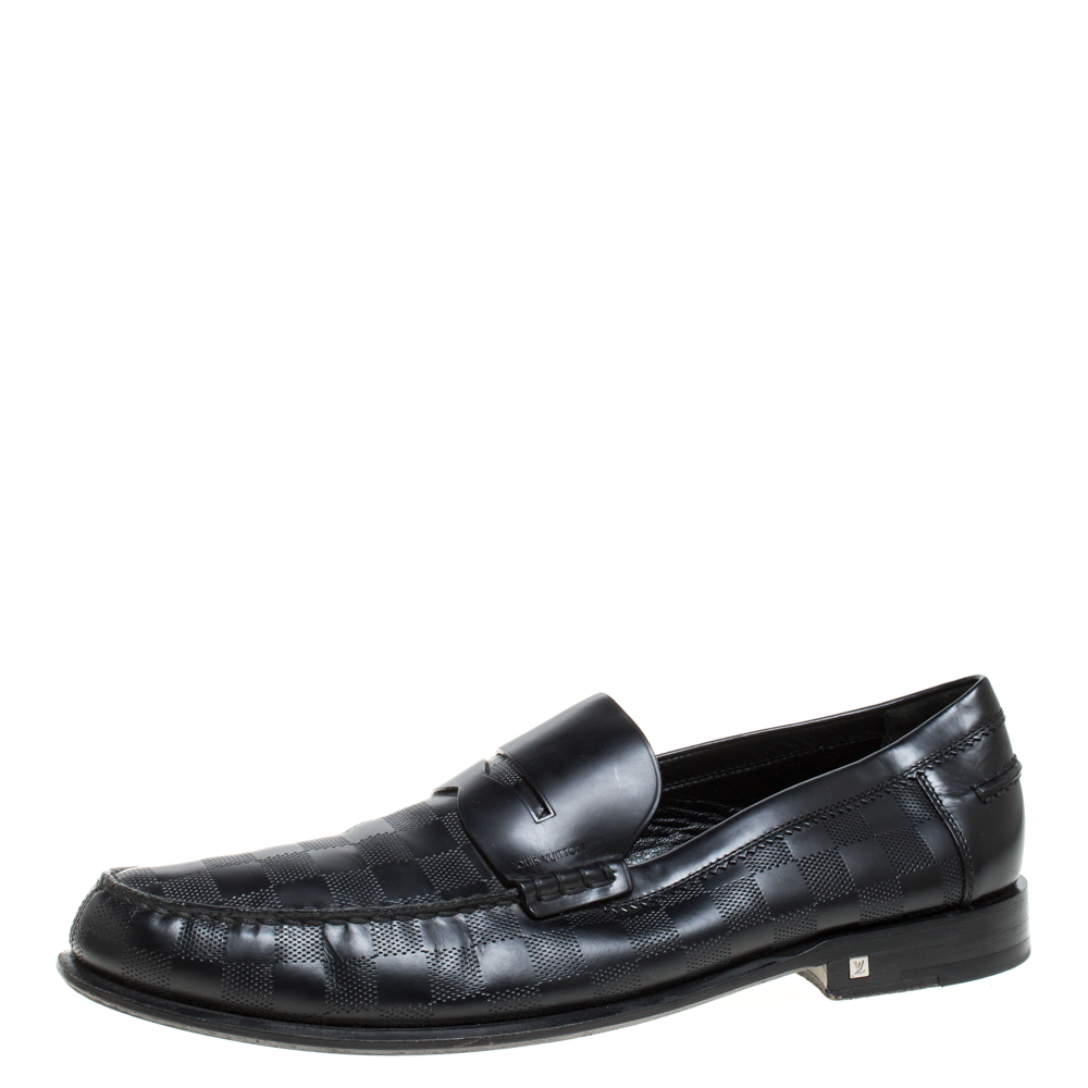 Image of Louis Vuitton Black Leather Damier Infini Hockenheim Loafers Size .