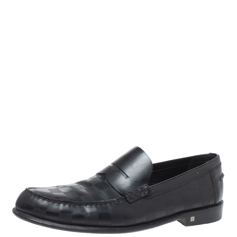 Image of Louis Vuitton Black Leather Damier Infini Hockenheim Loafers Size