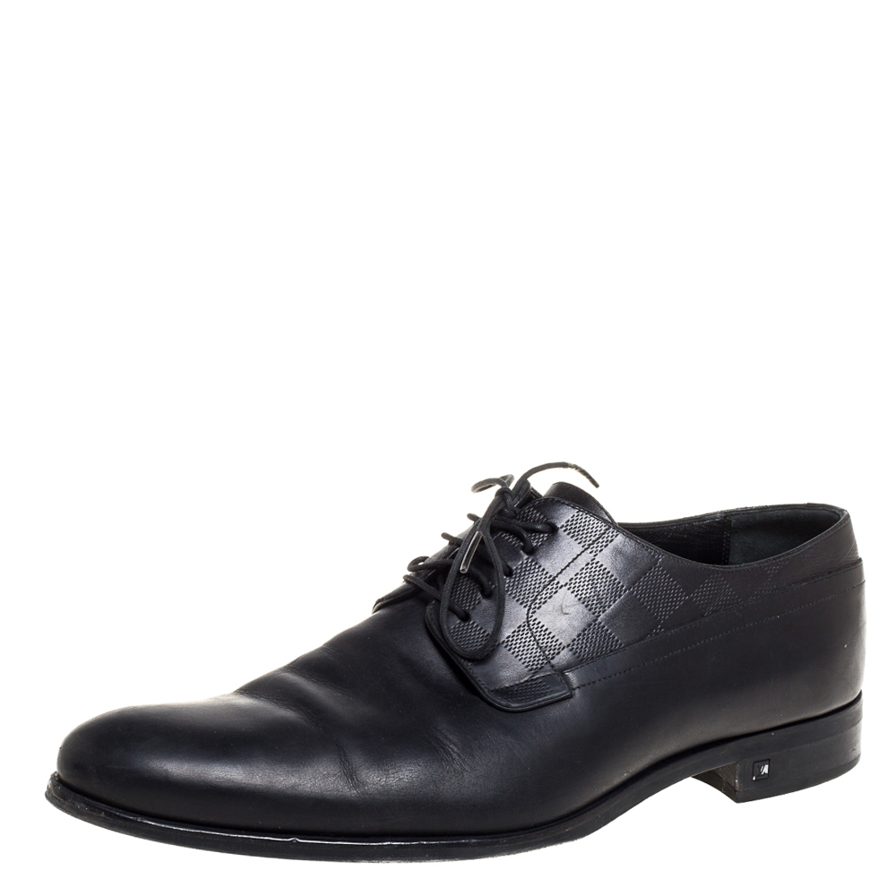 Image of Louis Vuitton Black Leather Damier Embossed Lace Up Derby Oxford Shoes Size