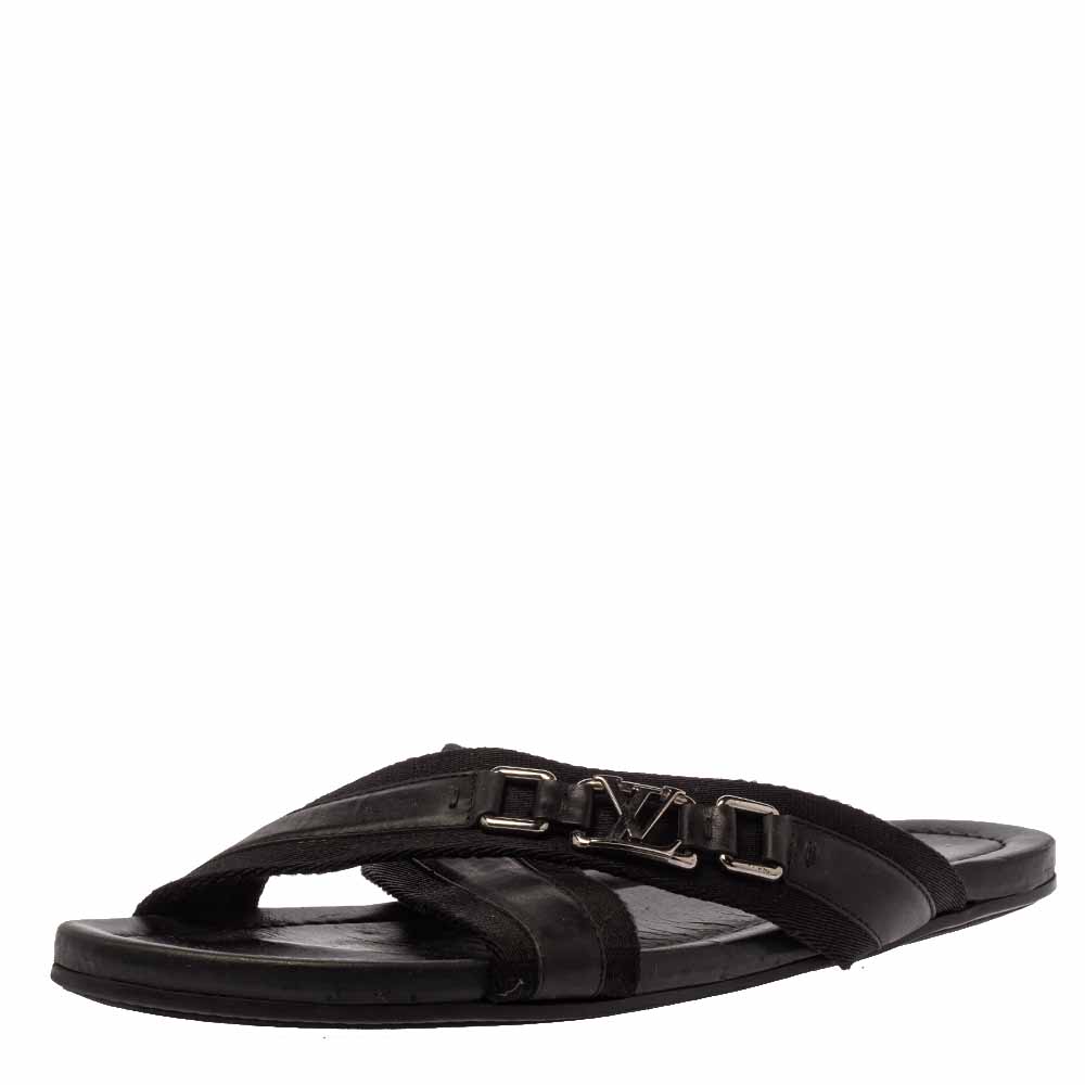 Image of Louis Vuitton Black Leather And Canvas Criss-Cross Flat Sandals Size .