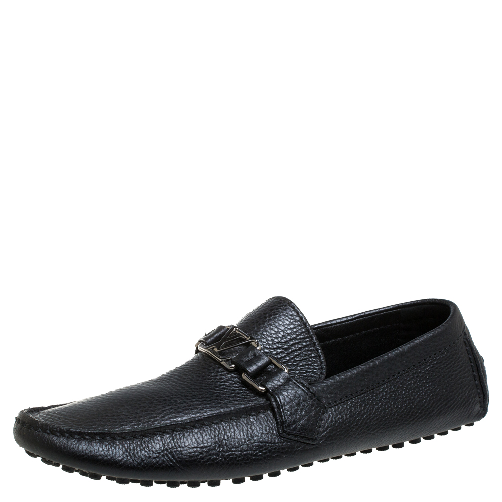Image of Louis Vuitton Black Grained Leather Major Logo Slip On Loafers Size .