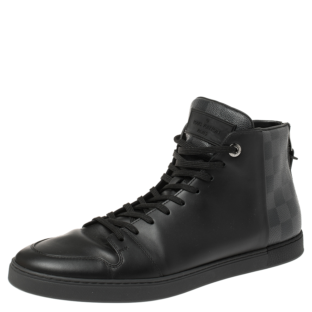 Image of Louis Vuitton Black Leather and Damier Graphite Canvas Line Up High Top Sneakers Size .