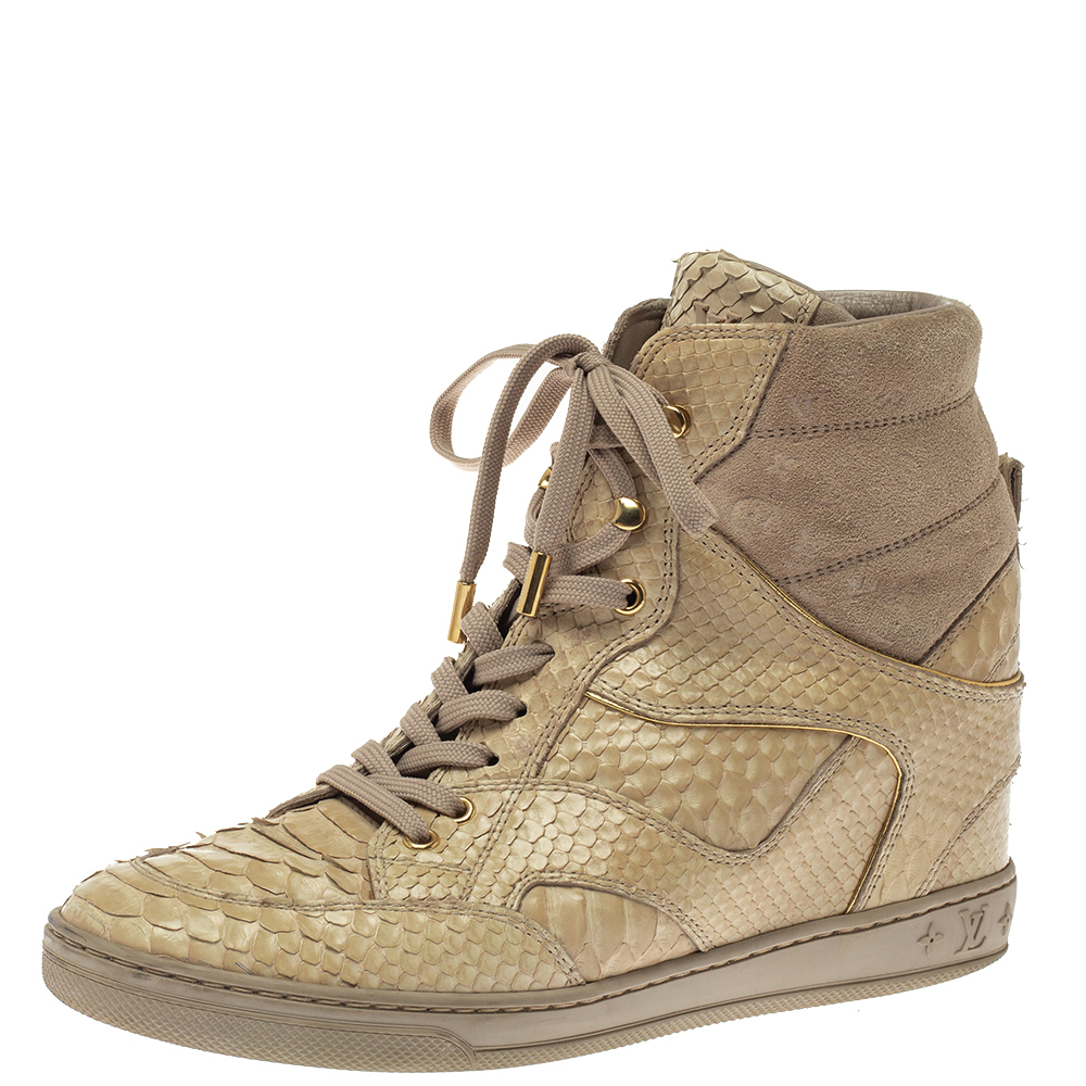 Louis Vuitton Beige Monogram Suede And Python Cliff Top Sneaker Boots Size 39