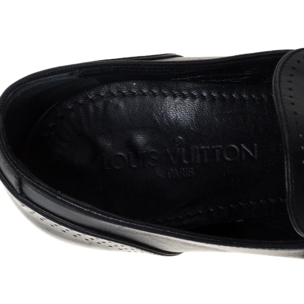Louis Vuitton Black Leather Logo Perforated Slip On Loafers Size 40