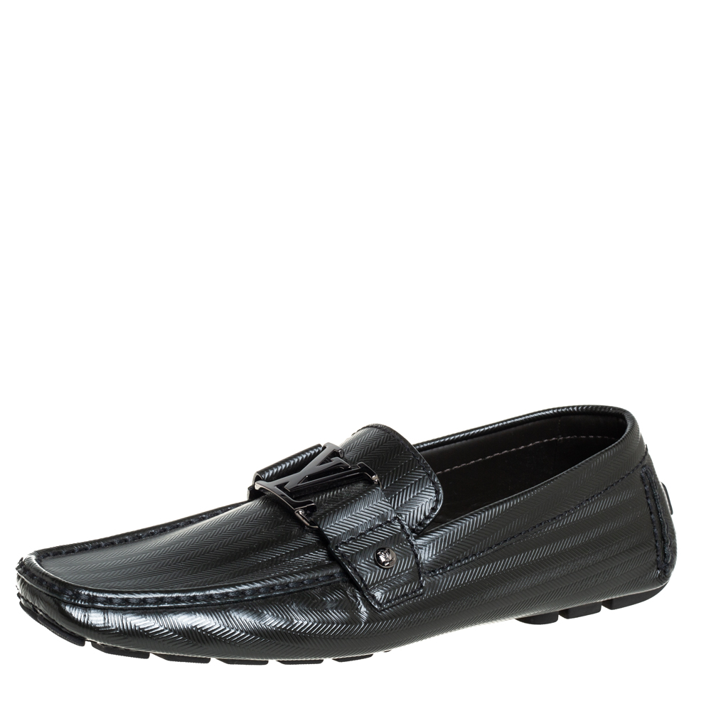 Louis Vuitton Black Textured Leather Monte Carlo Slip On Loafers Size 41.5