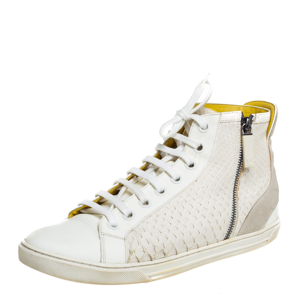 Louis Vuitton White/Grey Python And Suede Zip Up High Top Sneakers Size 40
