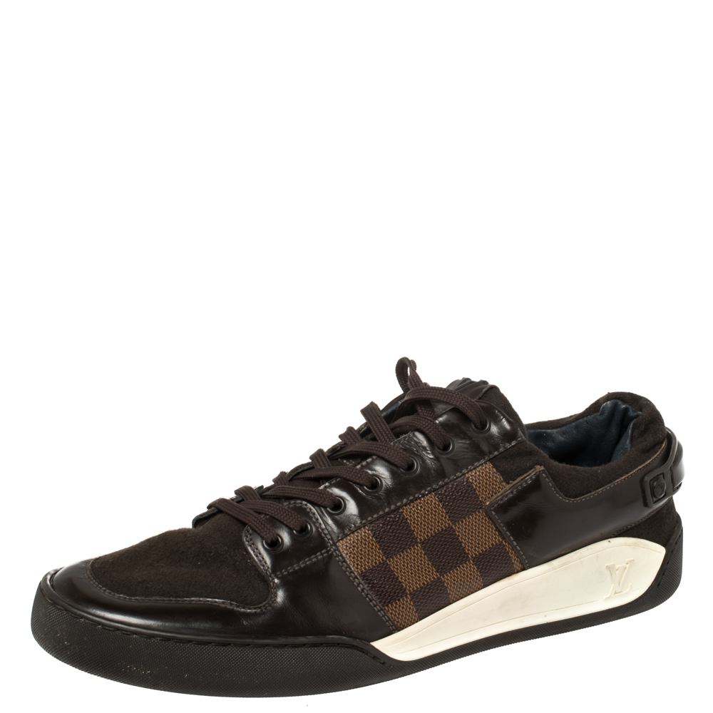 Louis Vuitton Brown Leather And Damier Ebene Canvas Lace Up Sneakers Size 42.5