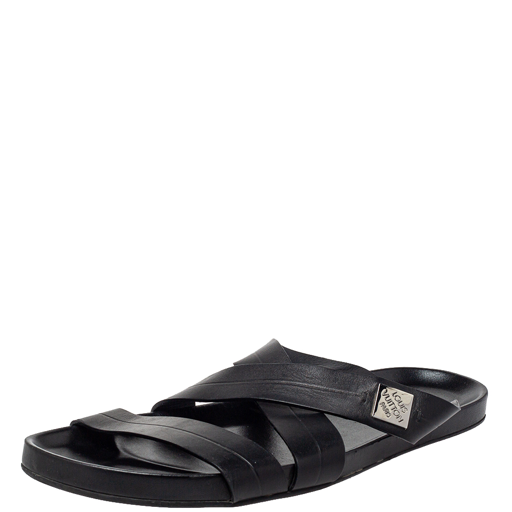 Louis Vuitton Black Leather Criss Cross Strap Flat Slide Sandals Size 43.5