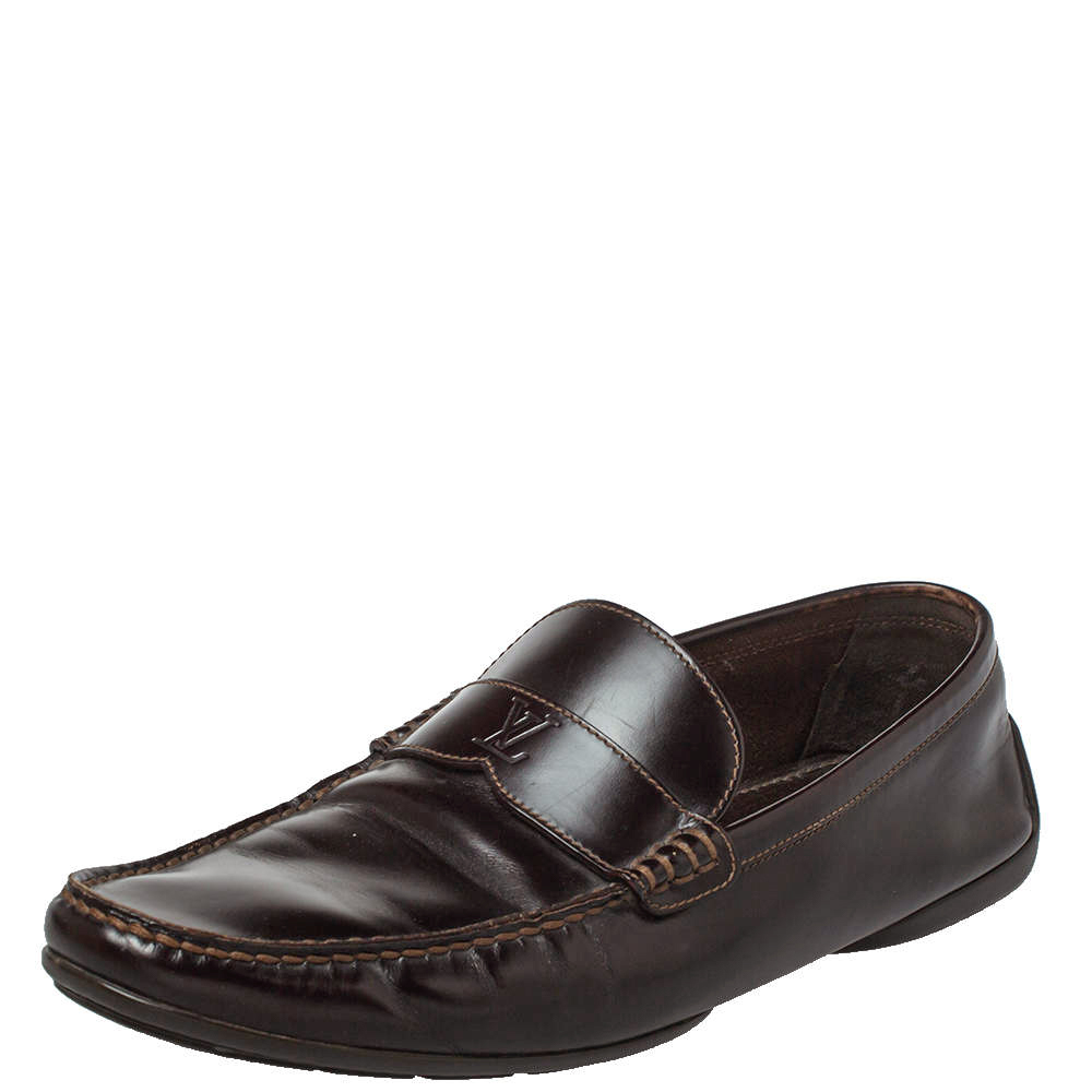 Louis Vuitton Dark Brown Leather Slip On Loafers Size 41
