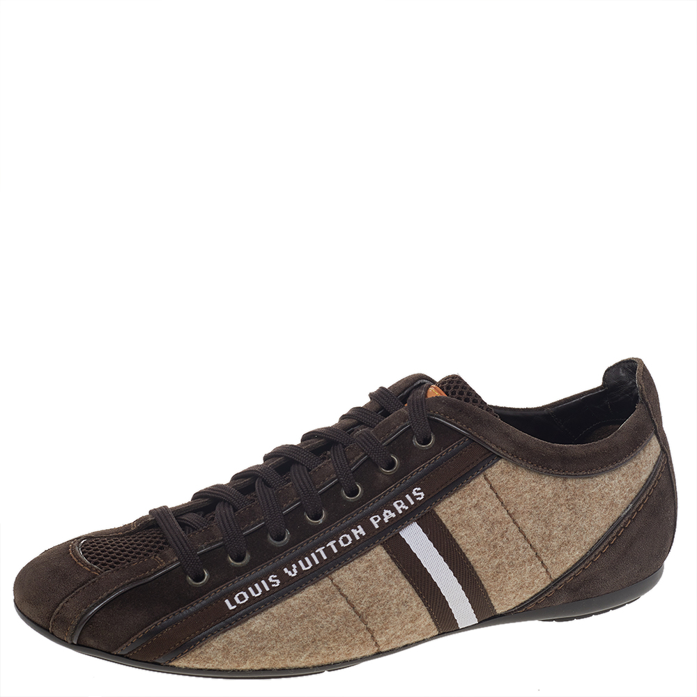 Louis vuitton brown/beige fabric, leather, mesh, and suede cosmos low top sneakers size 40