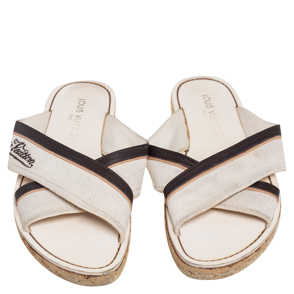 Louis Vuitton Canvas And Leather Logo Cross Strap Flat Sandals Size 41