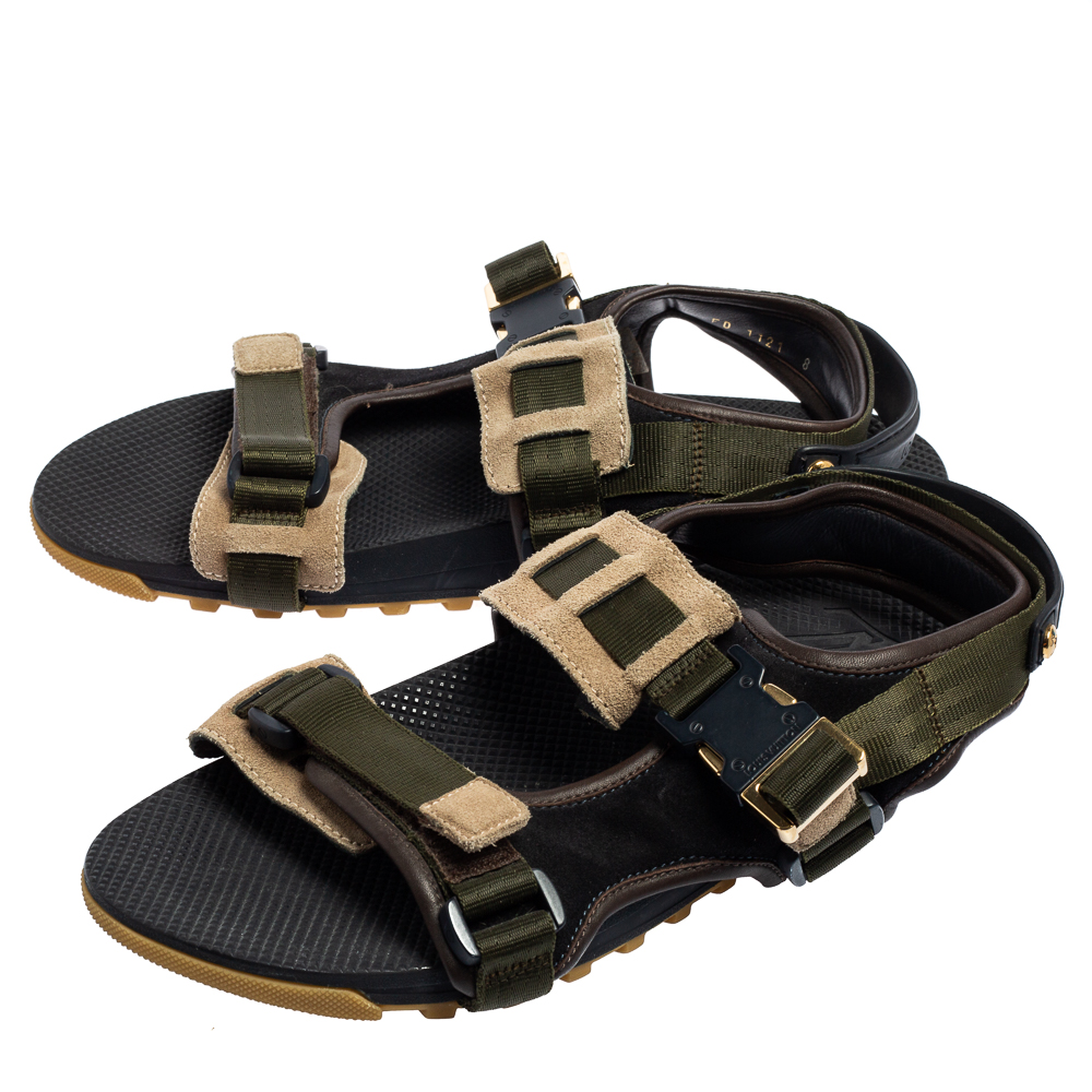 Louis Vuitton Green/Black Suede And Fabric Velcro Sandals Size 42