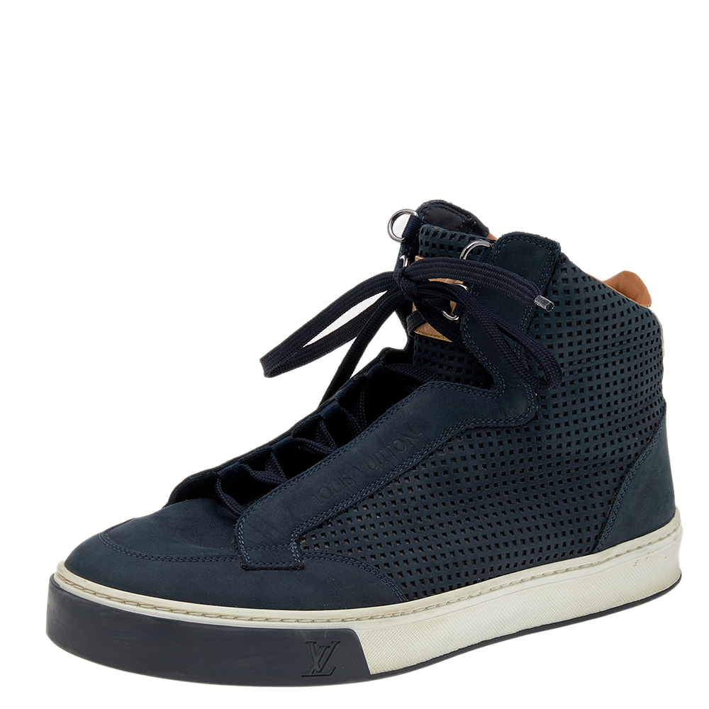 Louis Vuitton Navy Blue Perforated Nubuck Leather Speaker High Top Sneakers Size 40