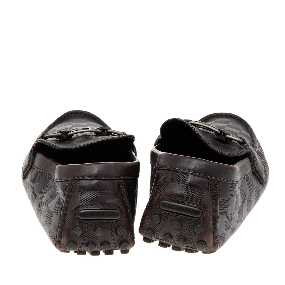 Louis Vuitton Dark Brown Damier Embossed Leather Hockenheim Slip On Loafers Size 43.5