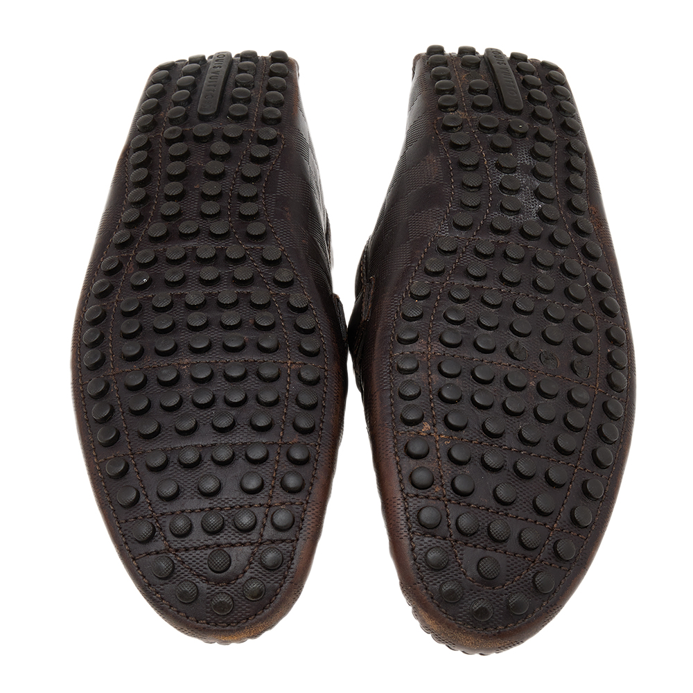 Louis Vuitton Dark Brown Damier Embossed Leather Hockenheim Slip On Loafers Size 43.5