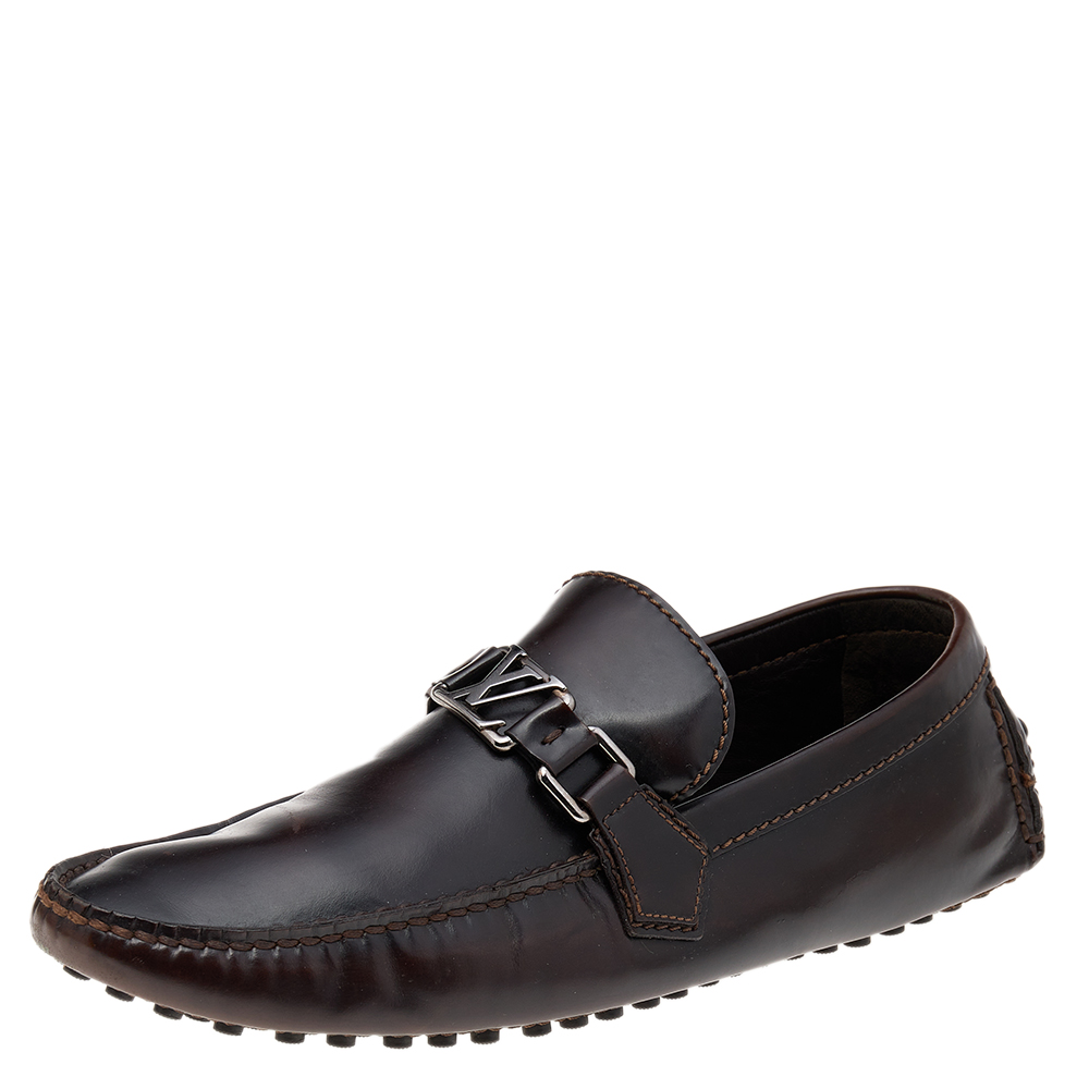 Louis vuitton dark brown leather hockenheim slip on loafers size 41